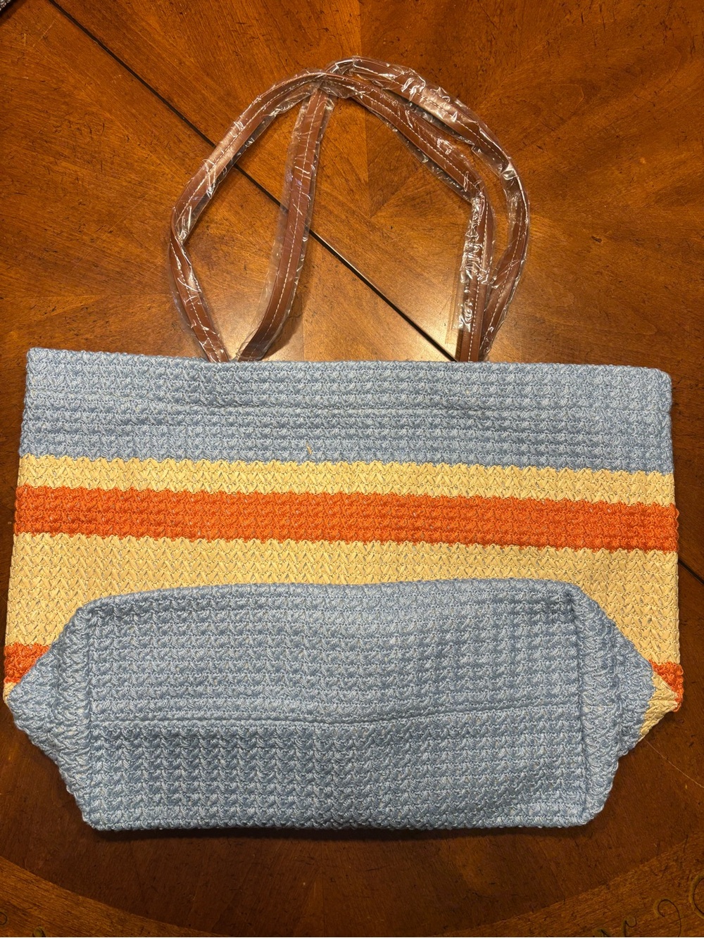 Miu Blue & Cream Striped raffia Straw Tote Bag beach sun nwot - Picture 5 of 7